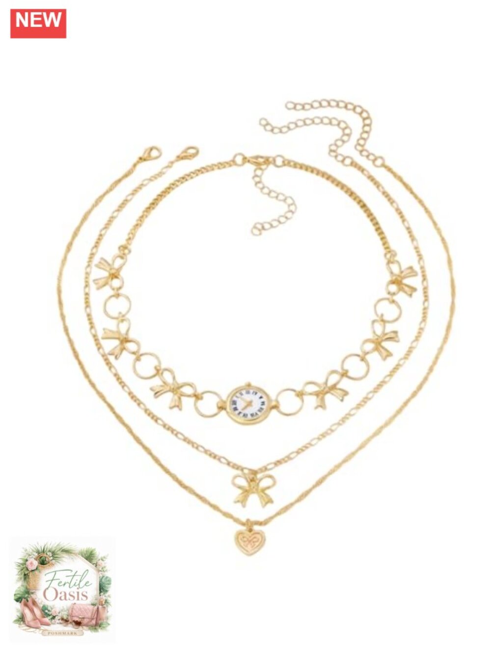 3 Pcs Gold Layered Necklace Set Retro Vintage Clock Heart Bow Pendant Charm